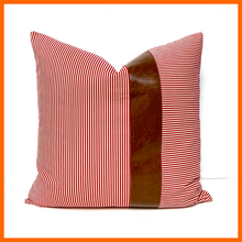 Load image into Gallery viewer, Red Striped Pillow Cover with Leather Accent