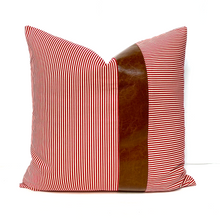 Load image into Gallery viewer, Red Striped Pillow Cover with Leather Accent
