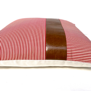 Red Striped Pillow Cover with Leather Accent