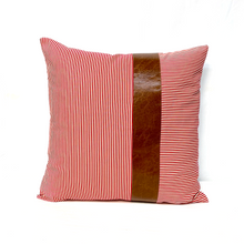 Load image into Gallery viewer, Red Striped Pillow Cover with Leather Accent
