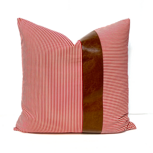 Red Striped Pillow Cover with Leather Accent